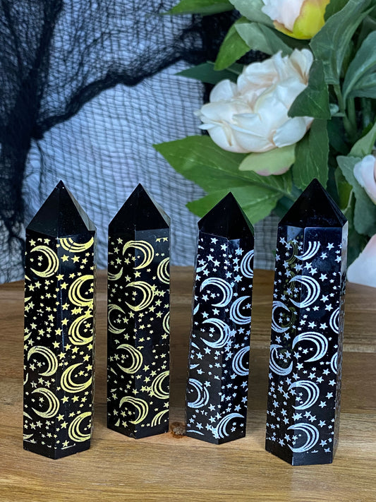 Obsidian Towers with Moon and Star Etching